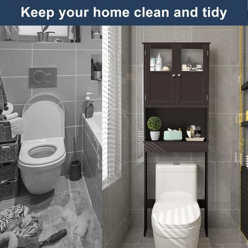 VINGLI Over The Toilet Storage Cabinet White Bathroom Storage Organizer Above The Toilet Shelf with Acrylic Glass Double Doors Wood Muebles para BañO Rack with Adjustable Shelf Espresso