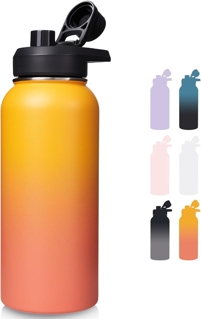 32 oz Insulated Water Bottle with Handle, 304 Stainless Steel Water Bottles with Wide Mouth, Double Wall Vacuum Sports Water Bottle, BPA Free, Keep Cold and Hot, Yellow&Orange