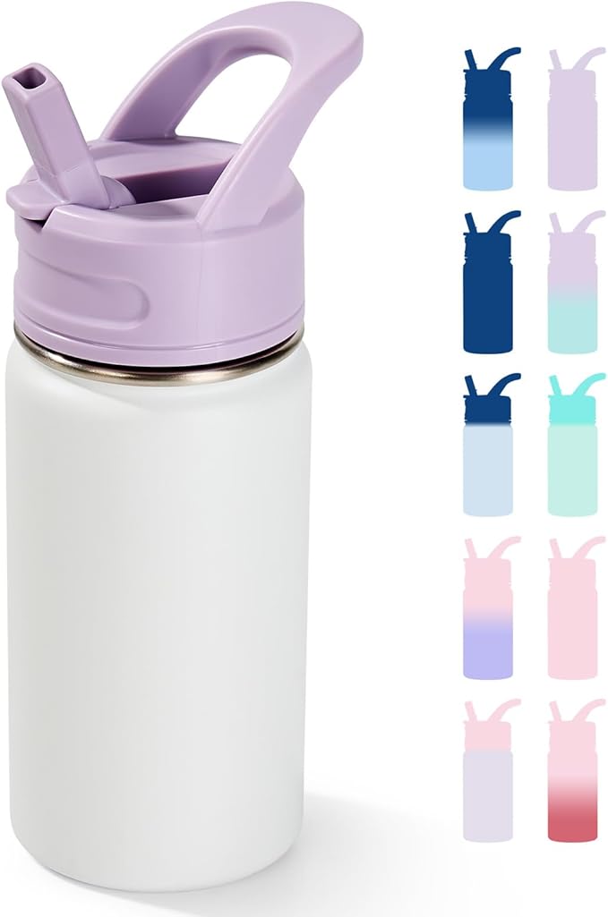 12oz Kids Water Bottle for School, Toddler Bottles with Straws, Stainless Steel Vacuum Insulated Water Bottle for Boys&Girls, Leak-Proof, BPA-Free, Gentle Purple