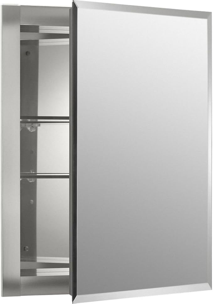 Kohler CB-CLR1620FS Frameless Bathroom Mirror Medicine Cabinet, Single Door, Rectangular Beveled Edge Frame, Bathroom Cabinet Mirror, Adjustable Shelves, 16 in. W x 20 in. H