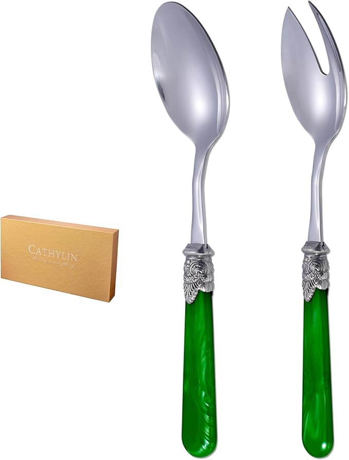 CATHYLIN 2-piece Salad Servers Stainless Steel Salad Serving Set Salad Fork and Spoon (White)