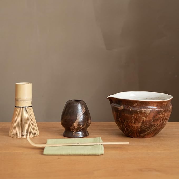 WUSEI Matcha Set with Handmade Ceramic Bowl & Bamboo Whisk, Pearl Gray,6-Pc