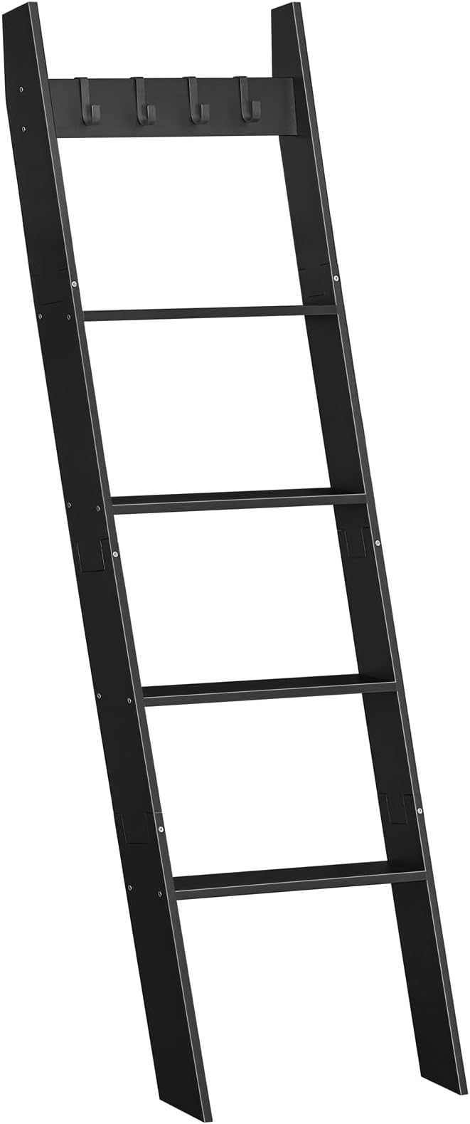 HOOBRO Blanket Ladder for Living Room and Bedroom, 5-Tier Wall Leaning Towel Rack for Bathroom, Decorative Ladder Shelf with 4 Removable Hooks, Farmhouse Blanket Storage, Black BB51CJ01G1