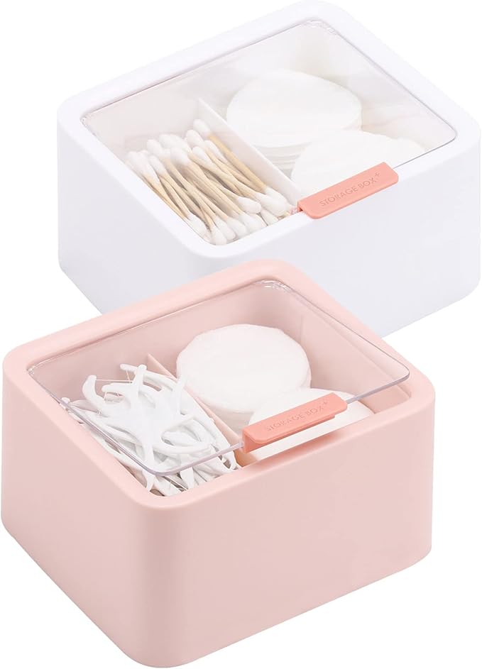 Tecbeauty 2pcs Qtips Holder - Middle Divider Cotton Pads Storage Dispenser Bathroom Organizer with Clear Hinged Lids for Cotton Balls Swabs Rounds-White & Pink