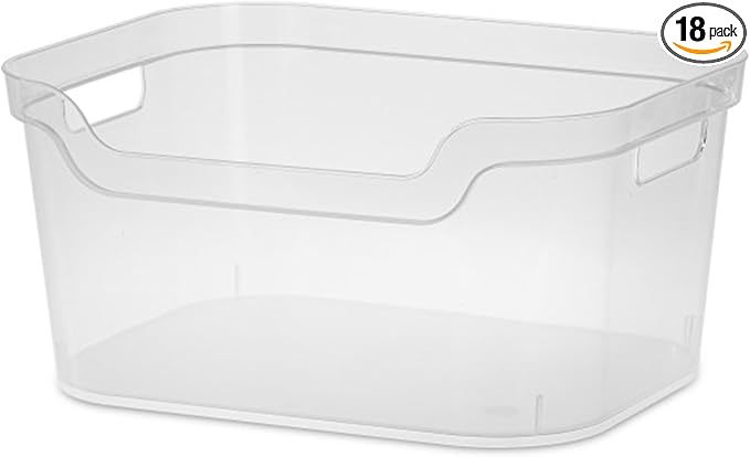 Sterilite 5.25x9.5x13 In Medium Polished Open Scoop Front Storage Bin w/Comfortable Carry Through Handles for Household Organization, Clear (24 Pack)