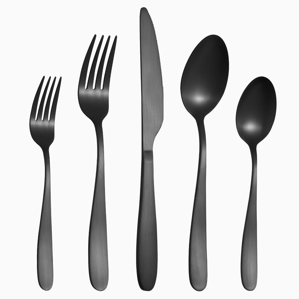 60 Piece Silverware Set for 12, Amafox Matte Black Stainless Steel Flatware Set Include Spoons Forks Knives, Kitchen Tableware Set with Comfortable Handle, Dishwasher Safe