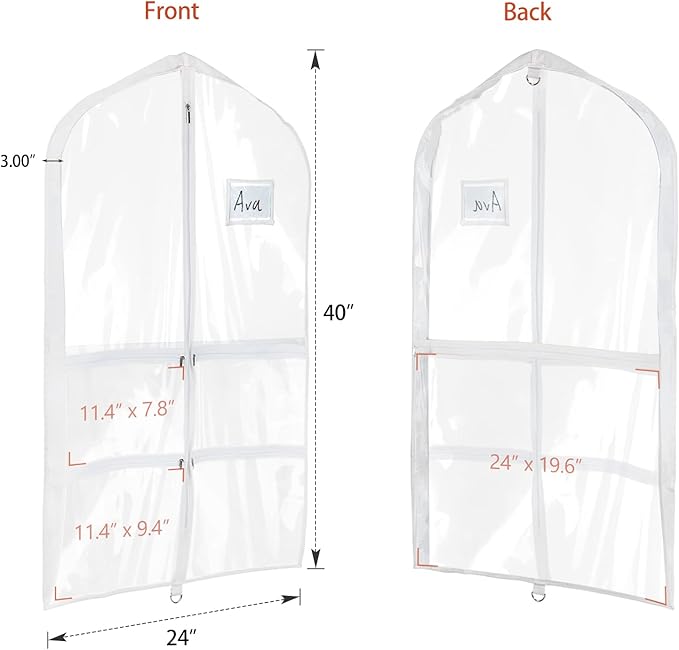 Univivi Clear PVC Dance Costume Bags (3 Pack) Garment Bag 40 Inch for Dance Competitions, with 4 Medium Clear Zipper Pockets and 1 Large Back Zippered Pocket [Upgraded Version]