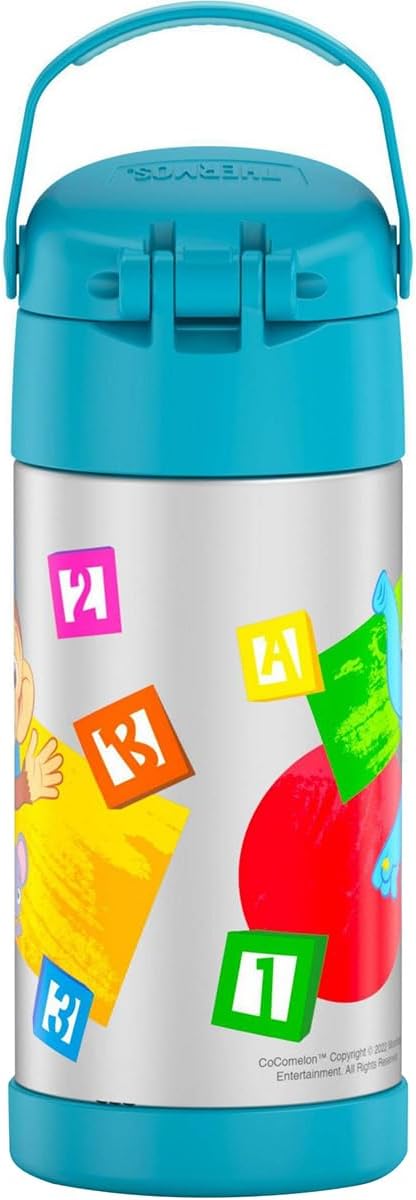 THERMOS FUNTAINER Water Bottle with Straw - 12 Ounce - Kids Stainless Steel Vacuum Insulated Water Bottle with Lid, Cocomelon