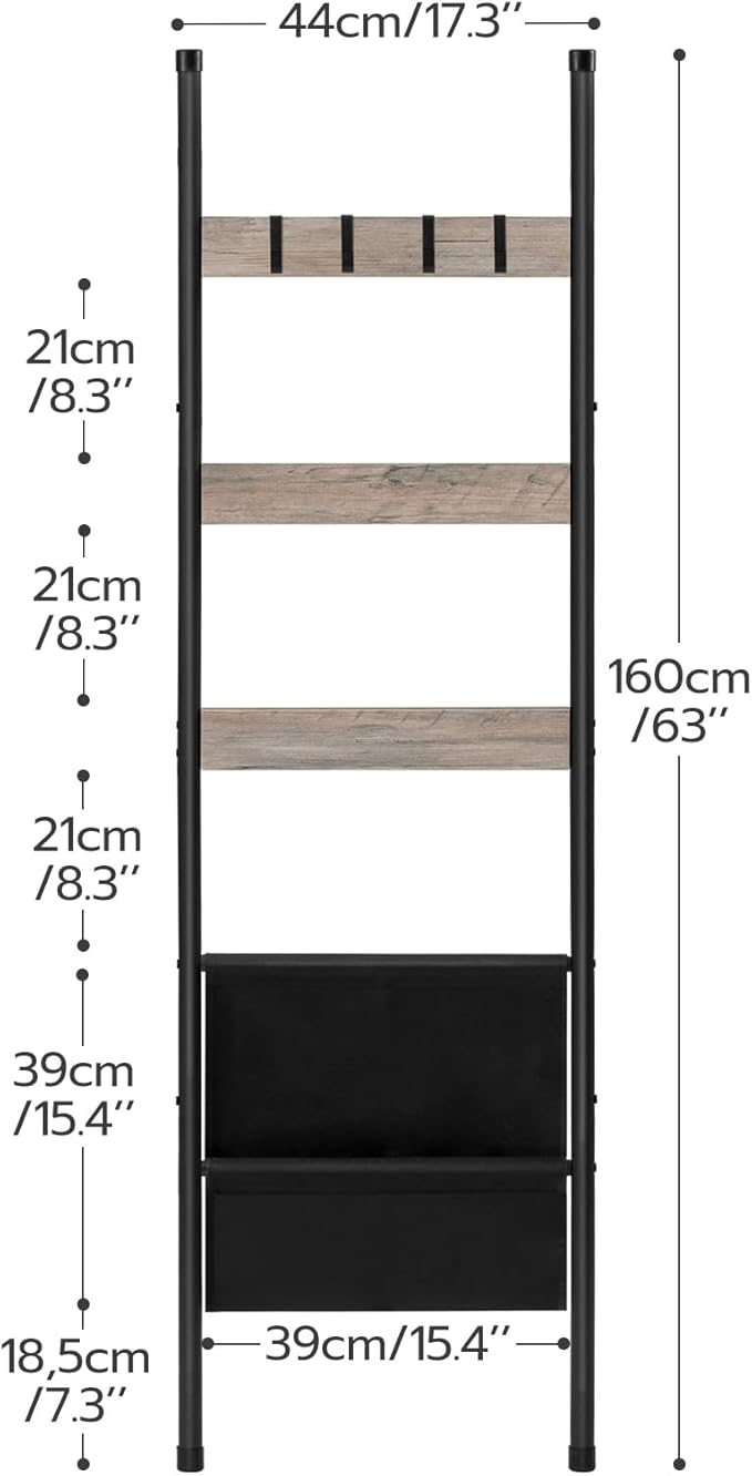 HOOBRO Blanket Ladder, 5 Tier Towel Rack, 17.3" L x 63" H, Wall-Leaning Blanket Rack for Living Room, Decorative Ladder with 4 Hooks and Magazine Pocket, Greige BG32CJ01