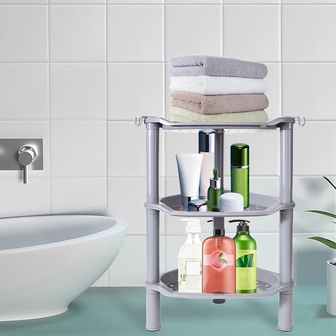 3 Tier Shower Caddy Corner,Plastic Shower Shelf Organizer for Inside Bathroom, Bathtub, Shower Pan, 13.5 x 10 x 26 Inches,Grey(Round Slot Grey 3 Tier)