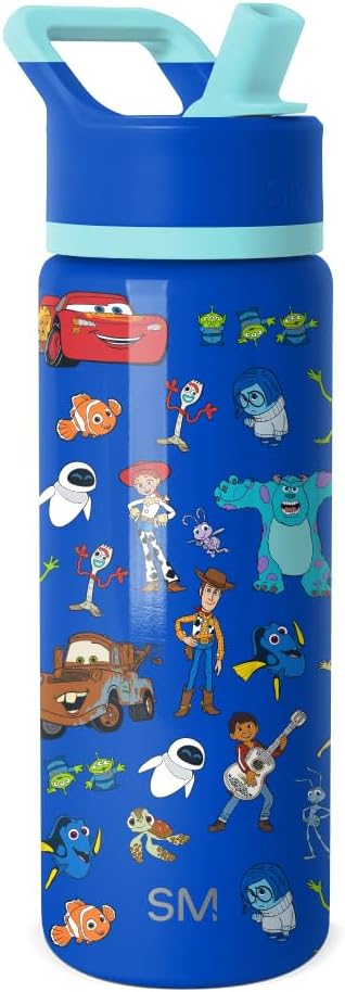Simple Modern Kids Summit Water Bottle with Straw Lid | Disney Pixar 18oz Stainless Steel Cup Insulated Tumbler for Boys, Girls, School | Pixar Mashup on Blue