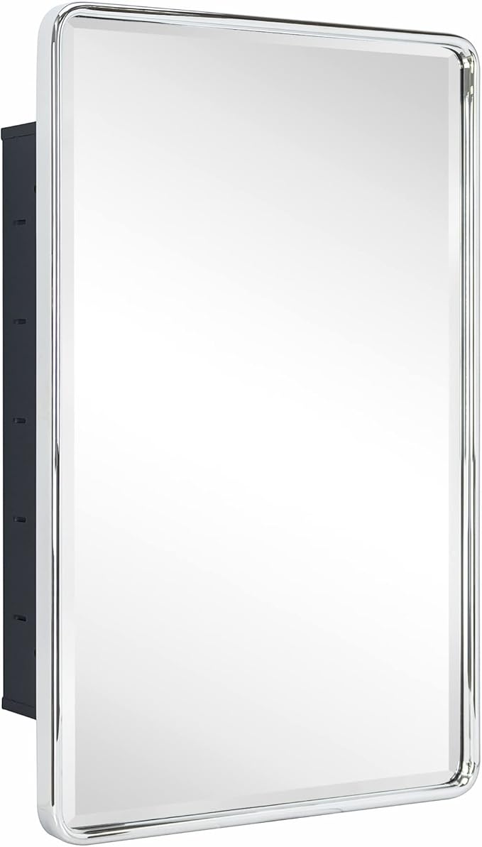 TEHOME Farmhouse Chrome Metal Framed Recessed Bathroom Medicine Cabinet with Mirror Rounded Rectangle Medicine Cabinet with Beveled Mirror, 16x24''