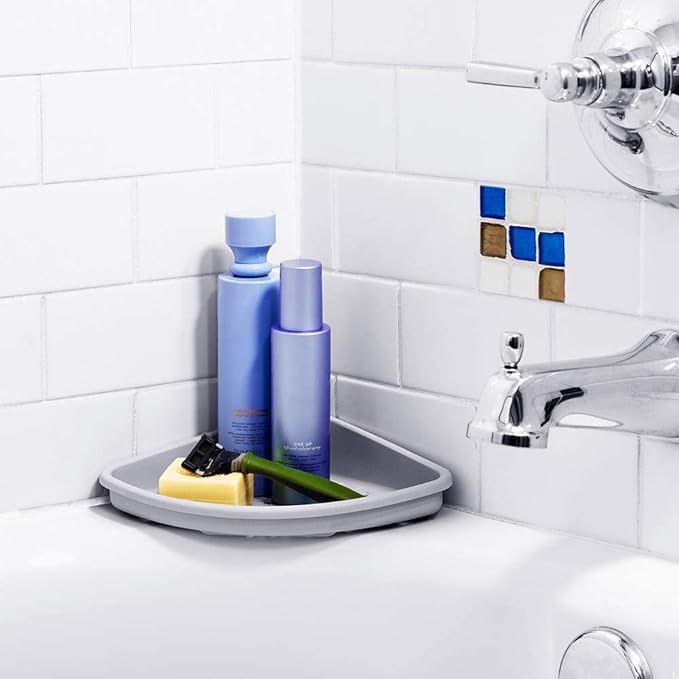 madesmart Bathtub Corner Shelf, Storage for Soaps, Shampoo Bottles & Bath Accessories, Strong Suction Cup, Drainage Holes, Grey