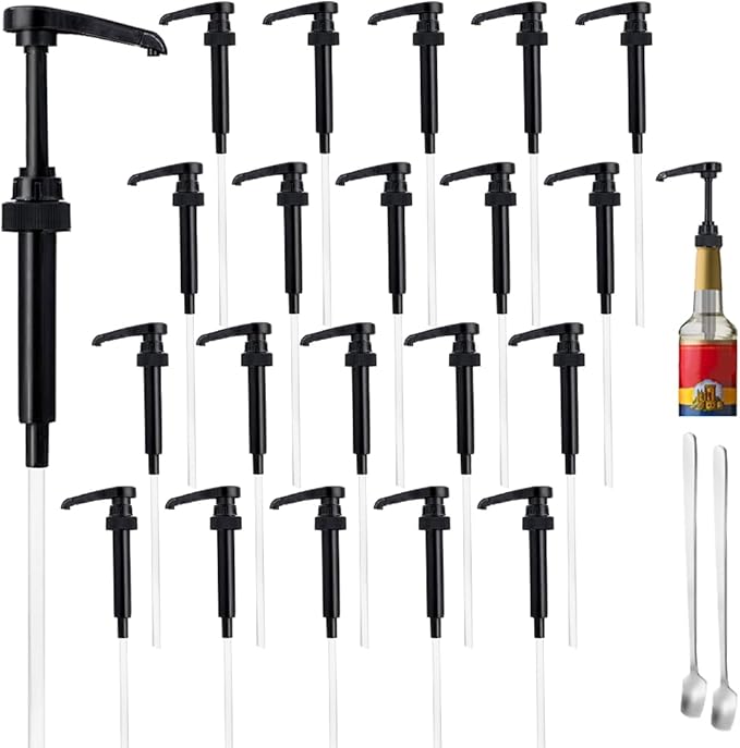 20 Pcs Black Pumps for Coffee Syrup Bottle, Compatible with 25.4 Oz/750ml Bottles, Great for Home & Coffee Bar Drinking Mixes, Tea, Beverage, Cocktails, Plus Spoons