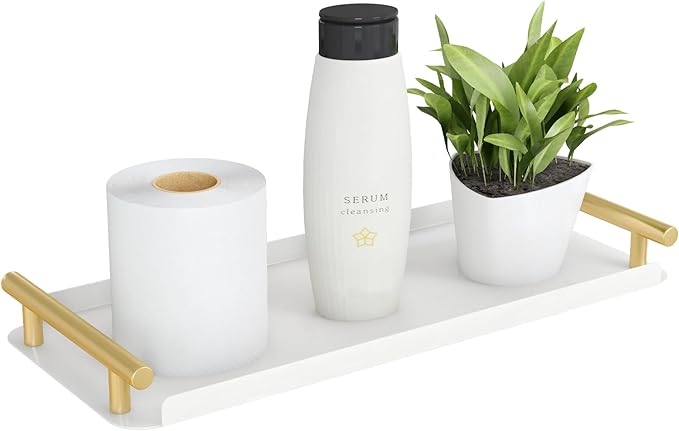 Toilet Paper Basket, Stainless Steel Tank Tray with Handle for Organizing - Toilet Paper Basket Storage for Tank, Bathroom, Kitchen Counter (White+Gold)