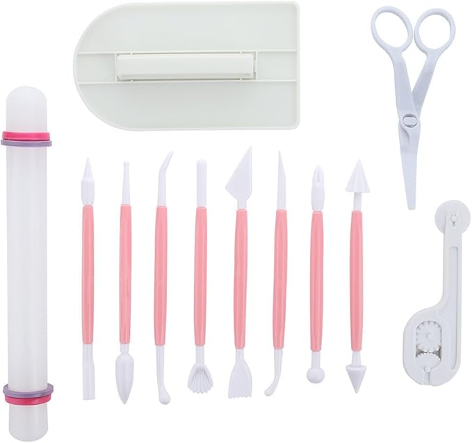 ScivoKaval Marshmallow Fondant Cake Decorating Hand Tool 12 Pcs 5 Sets Sugarcraft Gumpaste Icing Smoother Rolling Pin Trimmer Cutter Embosser Flower Scissor Modelling Accessories Supplies Kit Red