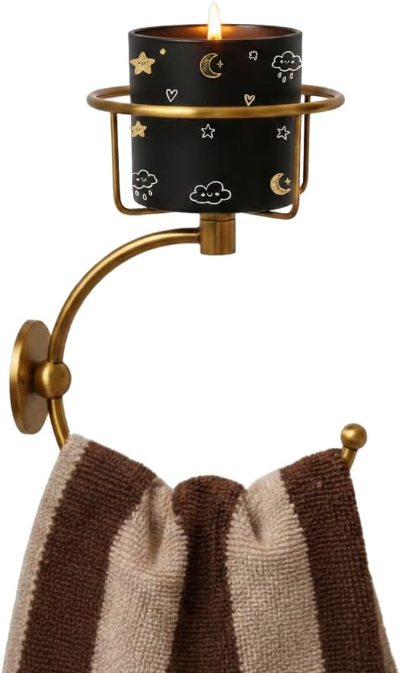 100% Solid Brass Hand Towel Holder for Bathroom Wall – Towel Ring with Candle Holder – Vintage Wall Candle Sconce Bathroom Decor – Antique Brass Towel Holder