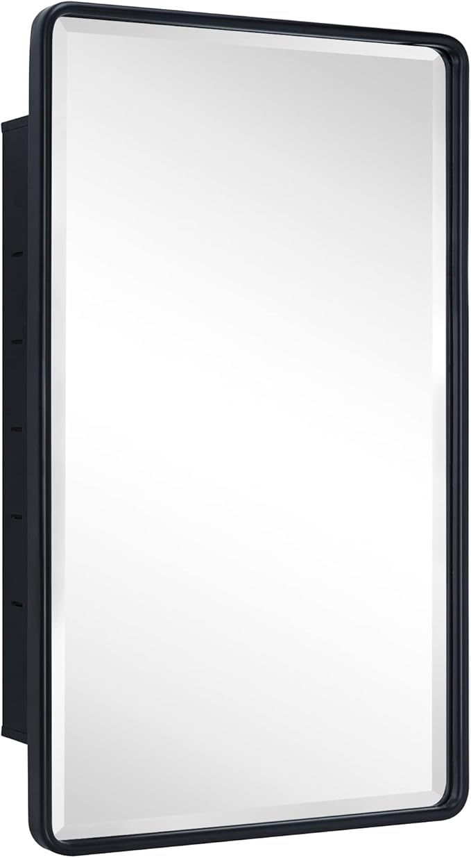 TEHOME Farmhouse Black Metal Framed Recessed Bathroom Medicine Cabinets with Mirror Rounded Rectangle Medicine Cabinet with BeveledMirros,16.5x27.5''