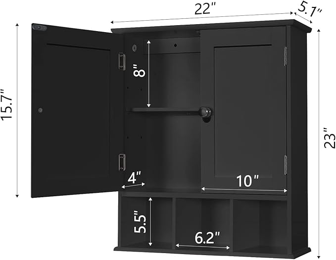 TaoHFE Black Bathroom Over The Toilet Storage Cabinet,Wall Medicine Cabinet Organizer with 2 Door Adjustable Shelves,Wooden Modern Bathroom Shelves Wall Mounted Laundry Room