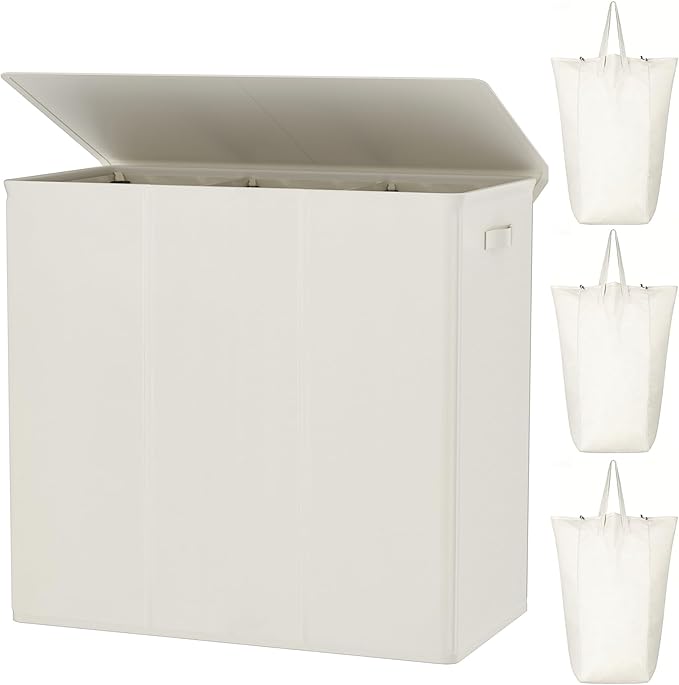 WOWLIVE 180L Laundry Hamper with Lid 3 Section,Large Laundry Basket with Removable Bags and Handles,Collapsible Dirty Clothes Hampers for Laundry,Laundry Basket Organizer for Laundry Room,Dorm,Beige