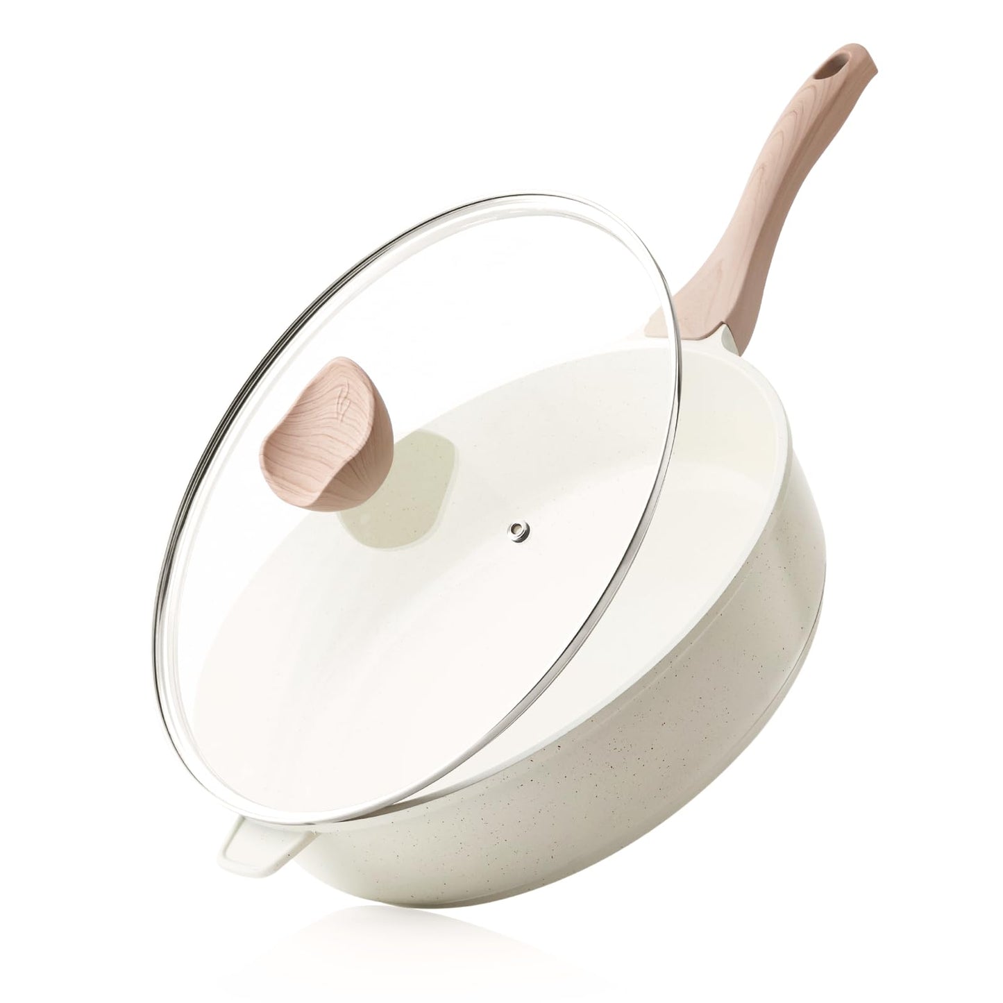 Kordisen Nonstick Ceramic Deep Frying Pan Skillet with Lid, 12 Inch, Cream