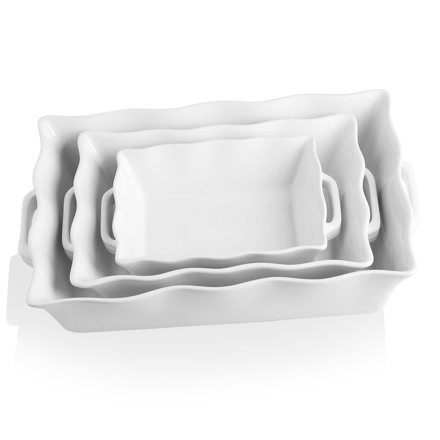 Sweejar Casserole Dishes for Oven, Ceramic Bakeware Set of 3, Rectangular Baking dish with Handles, Wave Edge Lasagna Pan Deep for Cooking, Cake, Dinner, Banquet and Daily Use (Navy)