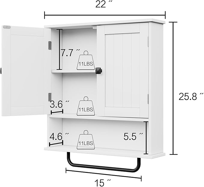 RRX Bathroom Cabinet Wall Mounted Medicine Cabinets with Towels Bar, Over The Toilet Storage Cabinet with 2 Doors and Adjustable Shelf, White Wall Cabinet for Bathroom Laundry Kitchen