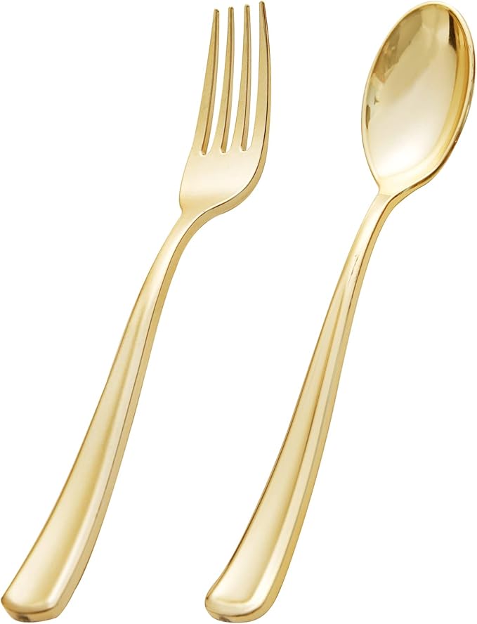 BUCLA 200 Piece Gold Plastic Silverware - Baroque Style Gold Plastic Forks and Spoons - 100 Forks and 100 Spoons for Weddings, Parties & Thanksgiving