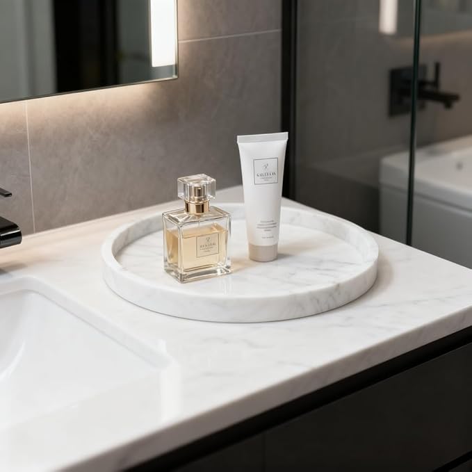 Silicone Bathroom Tray - 9-Inch Round Vanity Tray, Suitable for Candles, Perfumes, Soap Dispensers (Marble White)