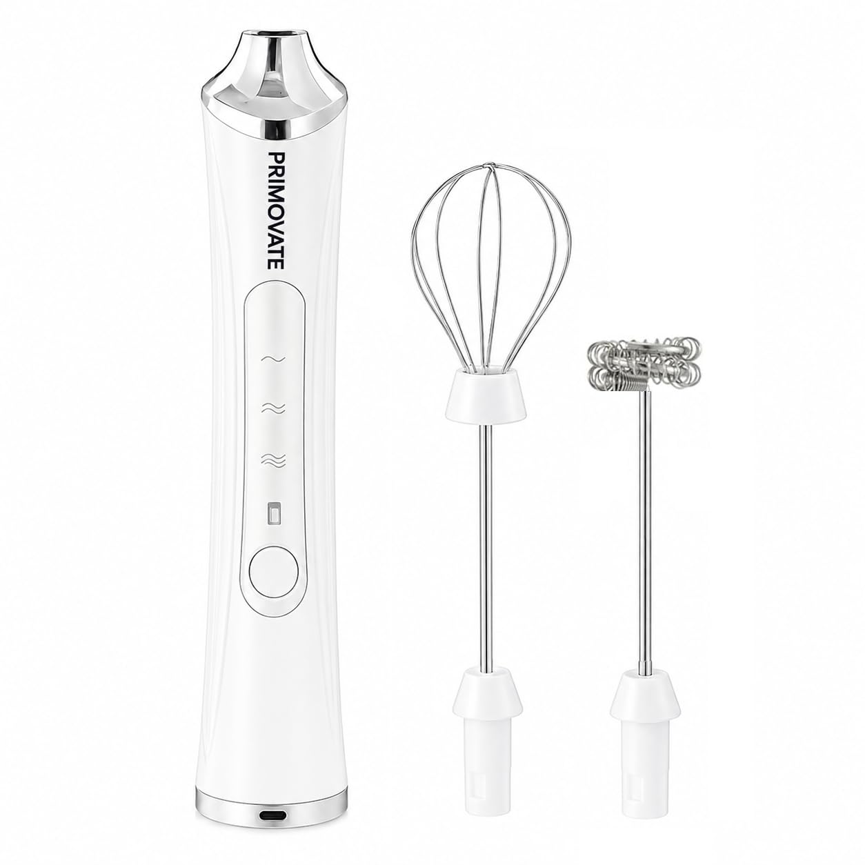 PRIMOVATE Rechargeable Milk Frother Handheld, Electric Coffee Frother with 2 Whisk, 3-Speed Powerful Drink Mixer, USB-C, Milk Foamer for Coffee,Latte,Cappuccino,Matcha & HotChocolate(White + Stand)