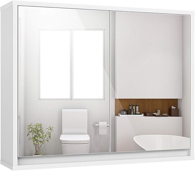 Tangkula Bathroom Medicine Cabinet, 2-Tier Wall-Mounted Storage Cabinet with Double Mirror Doors, Multipurpose Kitchen Bathroom Medicine Storage Cabinet, White (22" x 18")
