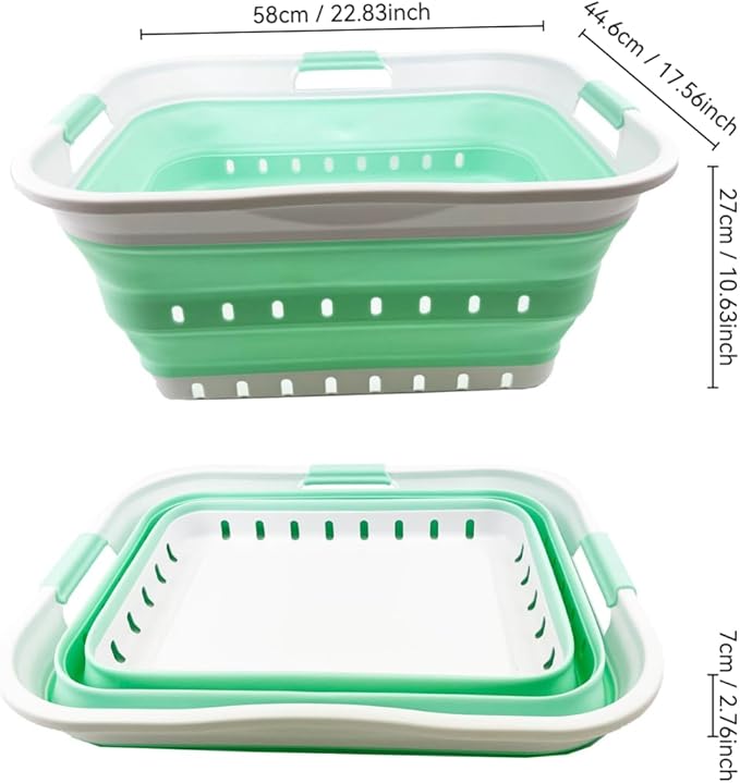 SAMMART 42L (11 gallon) Collapsible Plastic Laundry Basket - Foldable Pop Up Storage Container/Organizer - Portable Washing Tub - Space Saving Hamper/Basket (White/Pale Jade)