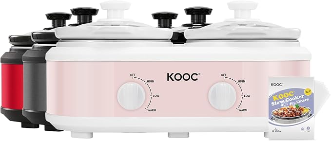 KOOC Double Small Slow Cooker, Buffet Server and Warmer, 2 Mini Pots with 3 Individual Adjustable Temp, Dual Ceramic Pots, Free Liners for Easy Clean-up, Stainless Steel, Total 2.5 Quart, Grey, Round