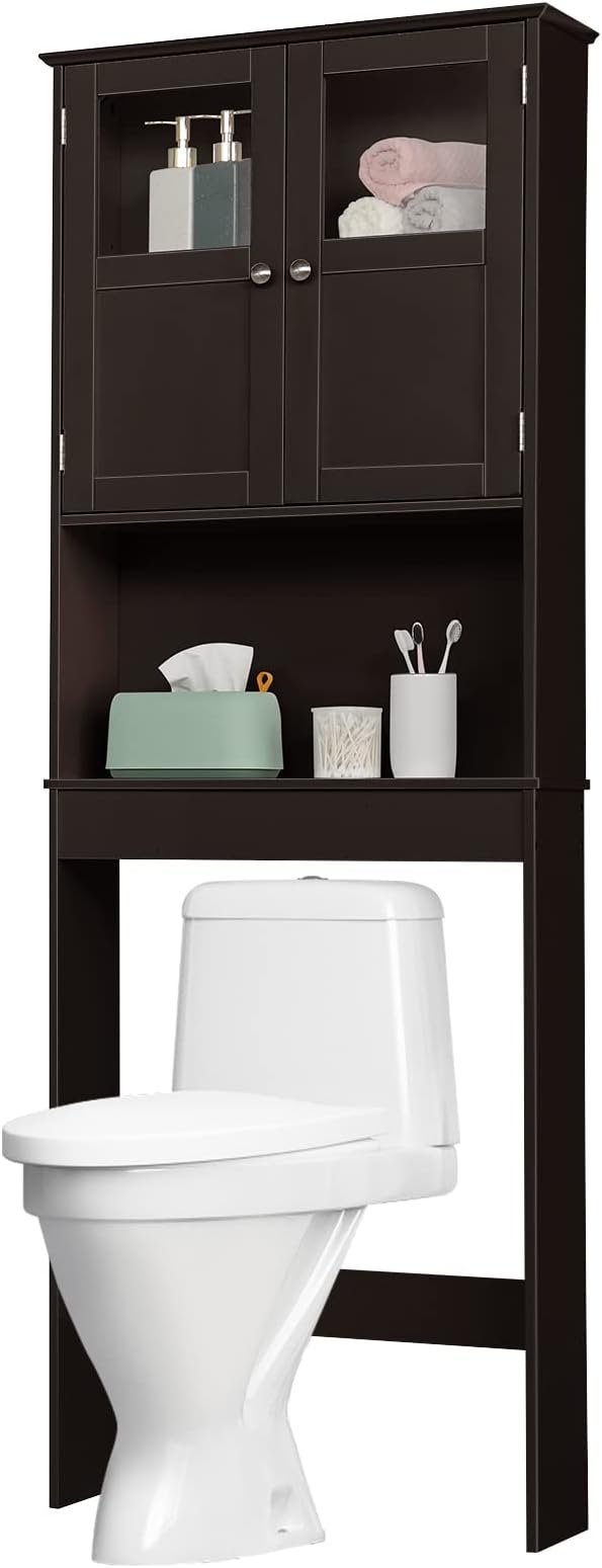 Bonnlo Over The Toilet Storage Cabinet Bathroom Behind Toilet Shelf Towel Storage Freestanding Organizer Space Saver with Double Door Glass Window Cabinet Tower with Adjustable Shelf (Brown)
