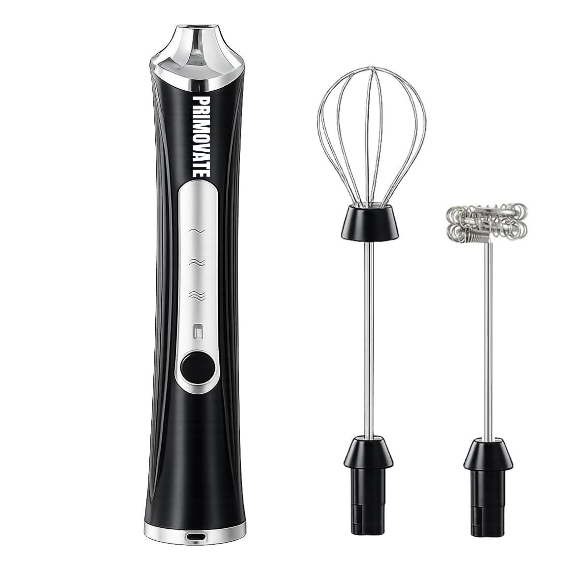 PRIMOVATE Rechargeable Milk Frother Handheld, Electric Coffee Frother with 2 Whisk, 3-Speed Powerful Drink Mixer, USB-C, Milk Foamer for Coffee,Latte,Cappuccino,Matcha & HotChocolate(White + Stand)
