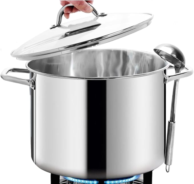 HOMICHEF Commercial Grade LARGE STOCK POT 20 Quart With Lid - Nickel Free Stainless Steel Cookware - Healthy Polished Stockpots - Heavy Duty Induction Soup Pot