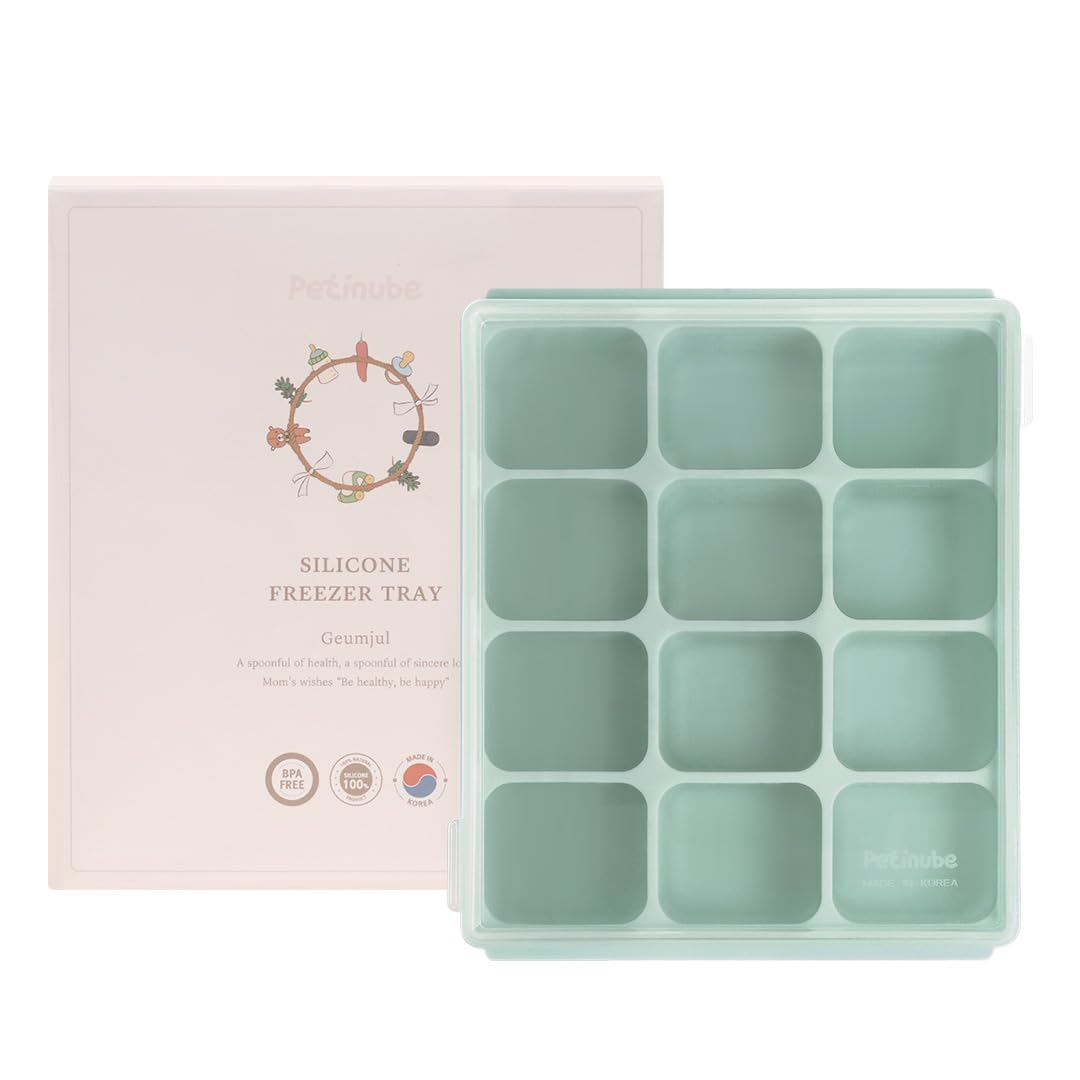 PETINUBE Silicone Freezer Tray, Baby Food Storage Cubes with Clip-On Lid, Freeze Baby Food, Soups, Purees, Ice, Easy and Safe Design, Made in Korea (12, Celadon Green)