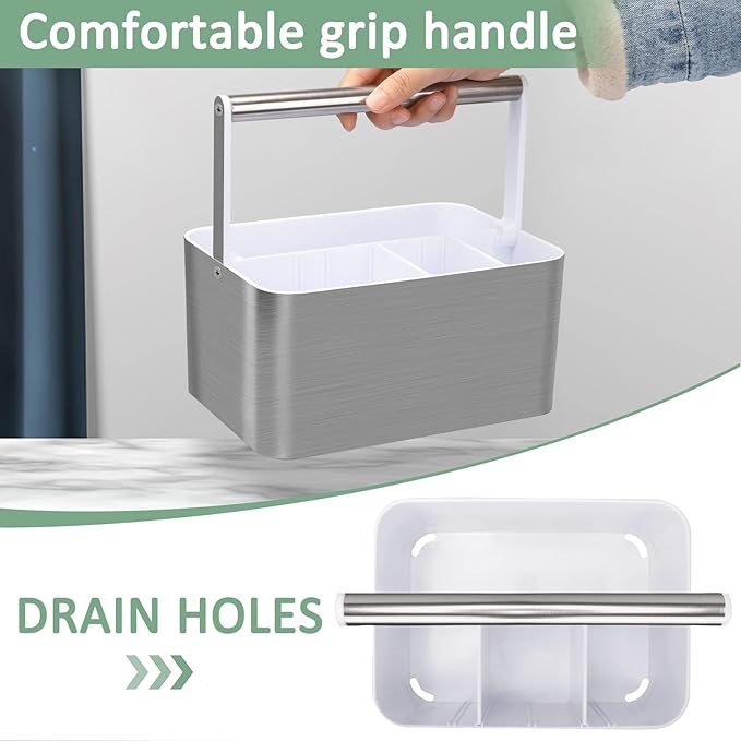 Plastic Shower Caddy Dorm - Portable Bathroom Caddy Organizer with Handle and Divider for College Dorm & Shared Bathroom, Hard Shower Tote for Toiletry, Brushed Nickel White