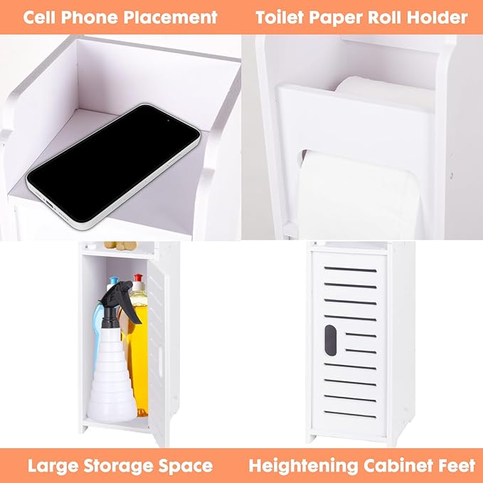 ShellKingdom Toilet Paper Holder Stand, Bathroom Storage Cabinet with Doors and Shelves, Slim Storage Cabinet for Bathroom Small Spaces Corner Floor Organizer - (White)