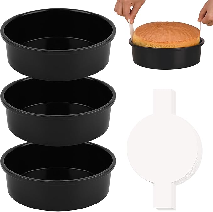 HUAKENER 3 Pack Round Cake Pans, Carbon Steel Pan with Parchment Paper