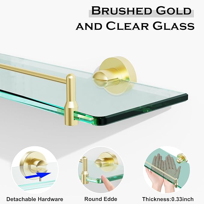 24 Inch Glass Bathroom Shelves,Brushed Gold Floating Shelves for Wall Rectangular Modern Stainless Steel Glass Shelf for Bathroom Shelves Wall Mounted