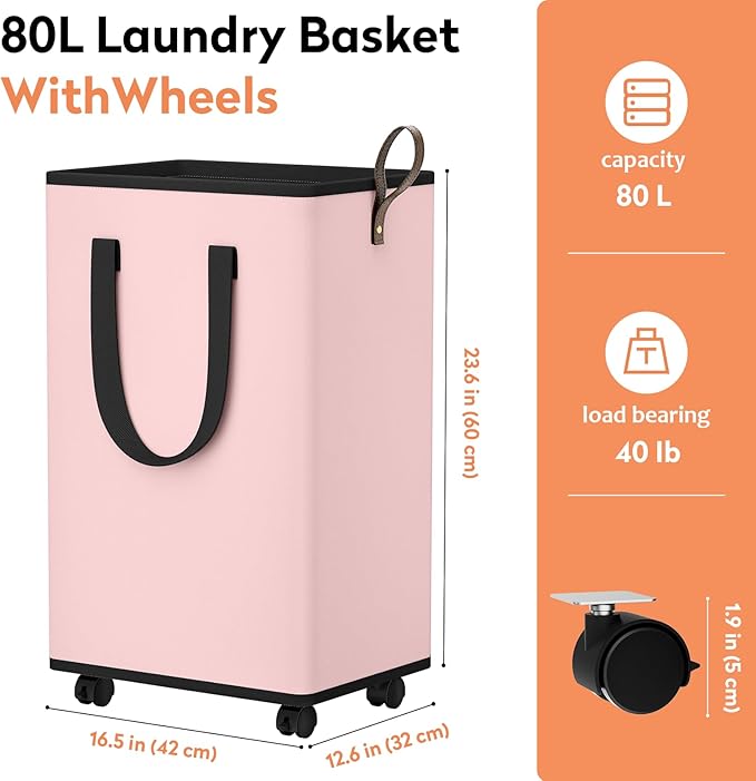 Laundry Basket with Wheels, Collapsible Laundry Baskets, Laundry Hamper with Handles Detachable Wheels, Rolling Laundry Basket, Dirty Clothes Hamper for Bathroom, Dorm, Bedroom, Pink, 80L