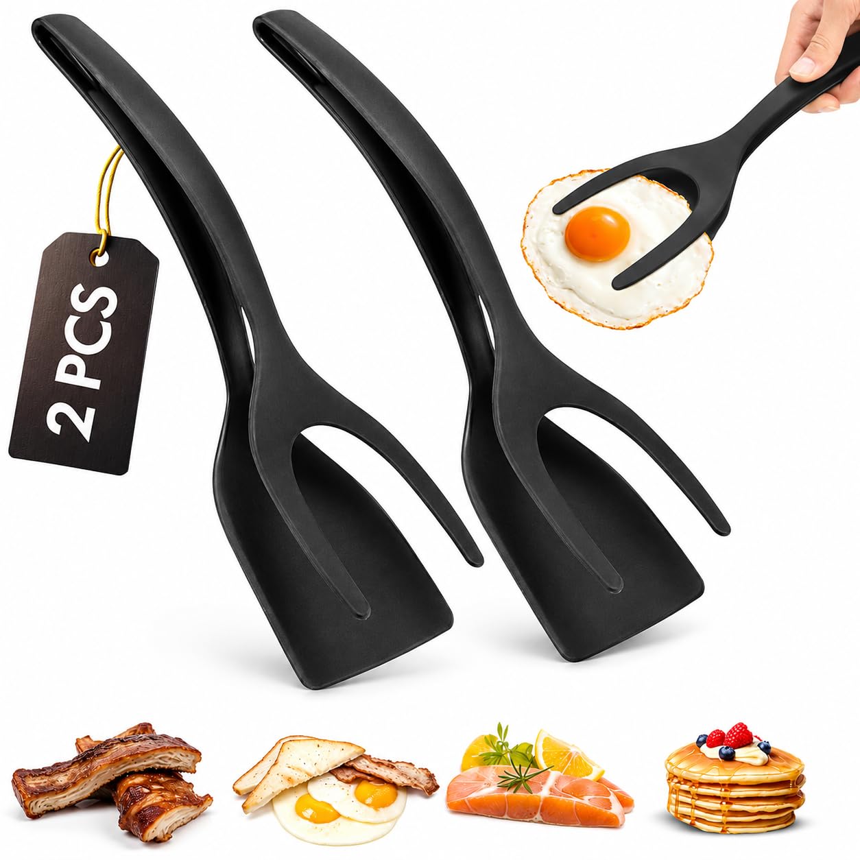 ZONZEST 2-in-1 Spatula Tongs Set of 2, Egg Spatula Flipper for Cooking, Easy-Grip Nylon Flipping Spatula for Pancakes, Burgers, Fish and Nonstick Cookware, (Red and Black)