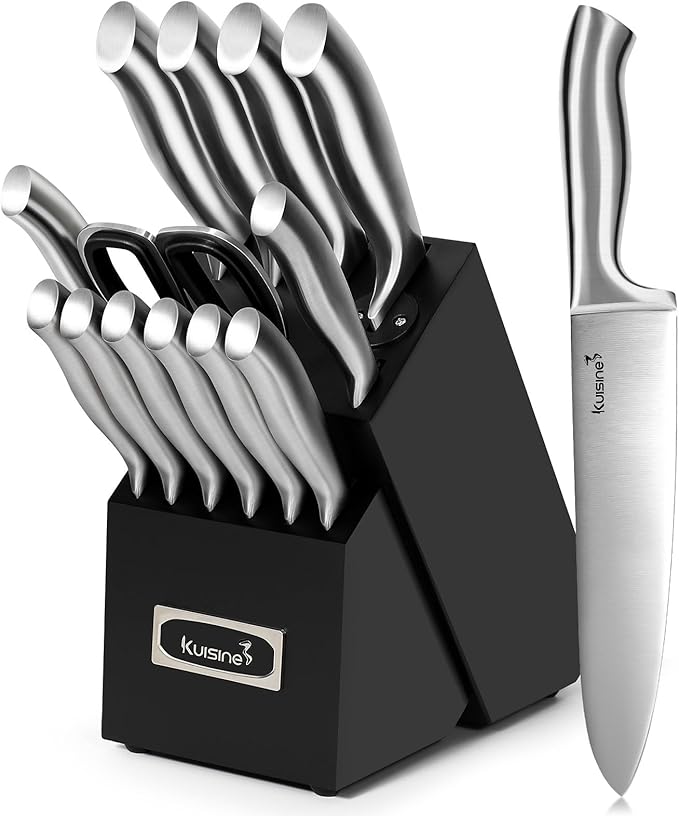 Kuisine Premium Sharp Knife Set Carbon Steel Forged,Ergonomic Handle Knife Block Set,Kitchen Block Knife Set,Chef Knife Set Built-in Sharpener(Silver Pro, 15PCS)
