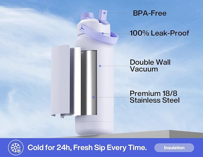 POWCAN 32 oz Insulated Water Bottle with 2-in-1 Straw and Spout Lid, Keep Cold 24H, Leak-Proof, BPA-Free, Double Wall Stainless Steel Water Bottle for Sports, Gym, Travel and School (Moonleaf Flutter)