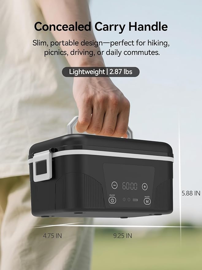 Cordless Heated Lunch Box: 1.4L Electric Lunch Box With Battery Powered, Custom Heating Time and Preset Heating Function for Adult - Portable Food Warmer for Office, Travel, Outdoor