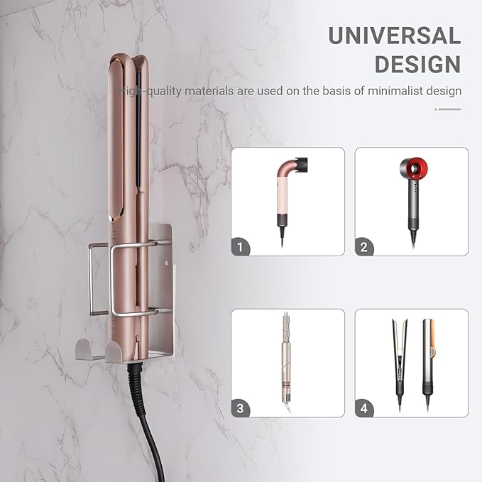 Curling Iron Holder, Stainless Steel Flat Iron Holder Wall Mount, Hair Straightener Holder for Bathroom Storage, Flat Iron Holder Wall Mount Space Saving Hair Tool Organizer Silver BANJEKT