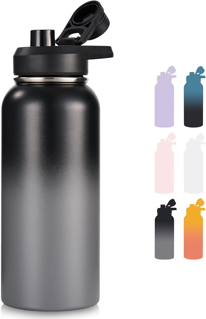 32 oz Insulated Water Bottle with Handle, 304 Stainless Steel Water Bottles with Wide Mouth, Double Wall Vacuum Sports Water Bottle, BPA Free, Keep Cold and Hot, Black/Gray