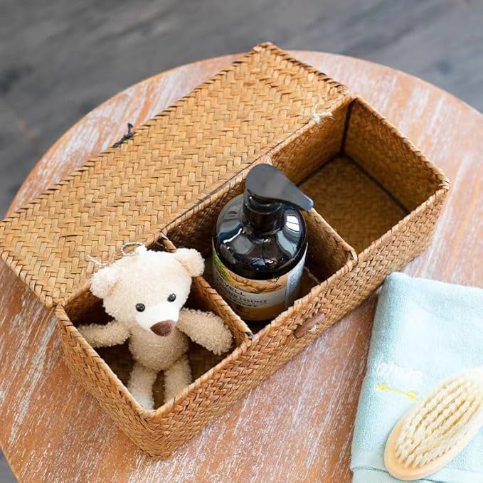 Seagrass Storage Basket for Bathroom - Toilet Tank with Lid, Wicker Woven Narrow Basket for Organizing (13" x 5" x 4.3")