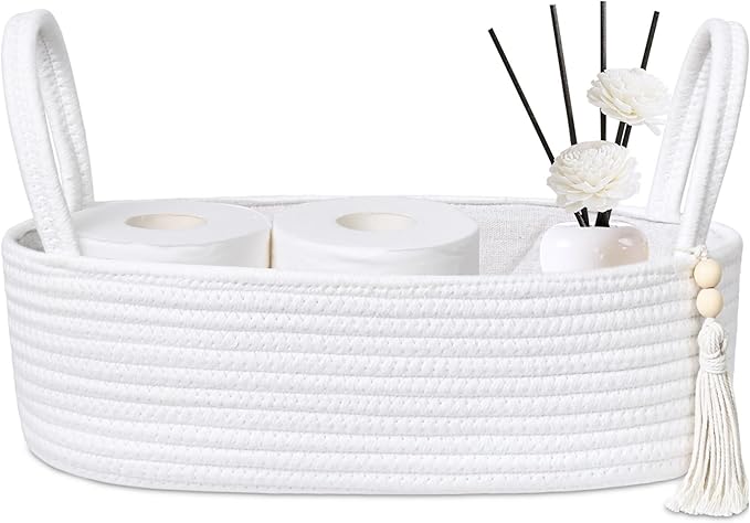 ABenkle Rope Boho Storage Basket, Small Woven Bathroom Organizer, Decorative Toilet Paper Holder for Back of Tank, Hand Towel Caddy, Home Office Desk Decor, Gift Basket-13x6x4 Inches